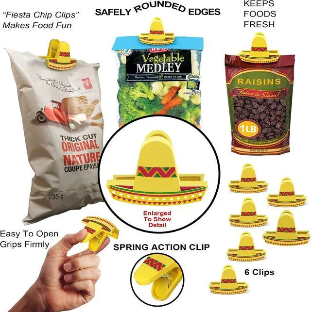 Alt view image 3 of 7 - Sombrero Chip Clips, 6 Set Bag Clips, Tight Food Saver, Snack Bag Sealer, Air Tight Seal Grip for Food Storage, Chip Clip Bag Clip Food Clips, Fun Mini Sombrero Hats, Multipurpose Bread & Snack Bags