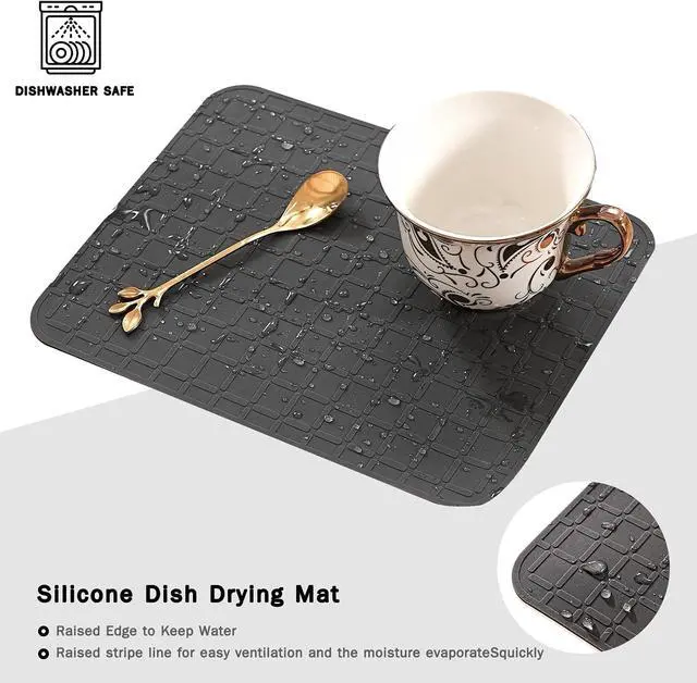 Alt view image 4 of 7 - Silicone Dish Drying Mat Non Slip Heat Resistant Large Pad for Sink & Countertop, Easy-Clean Drainer Tray, Fits Kitchen Drawer or Fridge (9x7 Inch, Black)