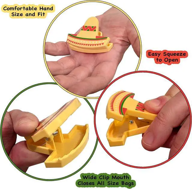 Alt view image 7 of 7 - Sombrero Chip Clips, 6 Set Bag Clips, Tight Food Saver, Snack Bag Sealer, Air Tight Seal Grip for Food Storage, Chip Clip Bag Clip Food Clips, Fun Mini Sombrero Hats, Multipurpose Bread & Snack Bags