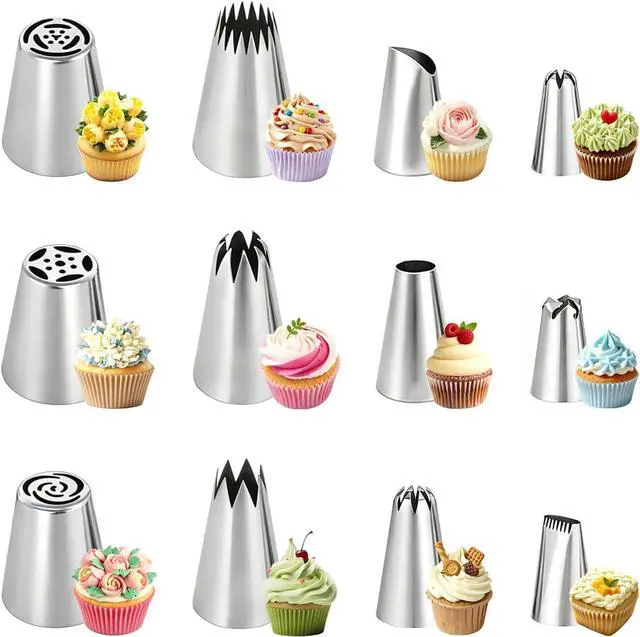 Main image of 12PCS Piping Tips Set, Stainless Steel Cake Decorating Tips, Russian Nozzles Frosting Icing Tip Tools, Baking Supplies for Cookie Cupcake