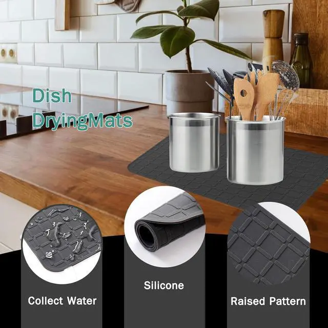 Alt view image 5 of 7 - Silicone Dish Drying Mat Non Slip Heat Resistant Large Pad for Sink & Countertop, Easy-Clean Drainer Tray, Fits Kitchen Drawer or Fridge (9x7 Inch, Black)