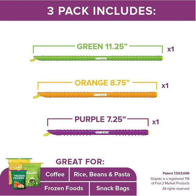 Alt view image 3 of 3 - GRIPSTIC Bag Sealer - The Word's Best Reusable Chip Clips, Bag Clips. Patented. Airtight & Waterproof Seal on Food Storage Bags, Kids Snacks & More. Near Zero Waste. 3ct Variety Pack