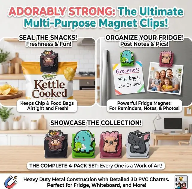 Alt view image 3 of 7 - 4pcs Chip Clips, Adorable Cartoon Style Clips for Chips and Other Food Bags, Fridge Magnets Refrigerator Magnets, Magnet for whiteboardKitchen (French Bulldog)