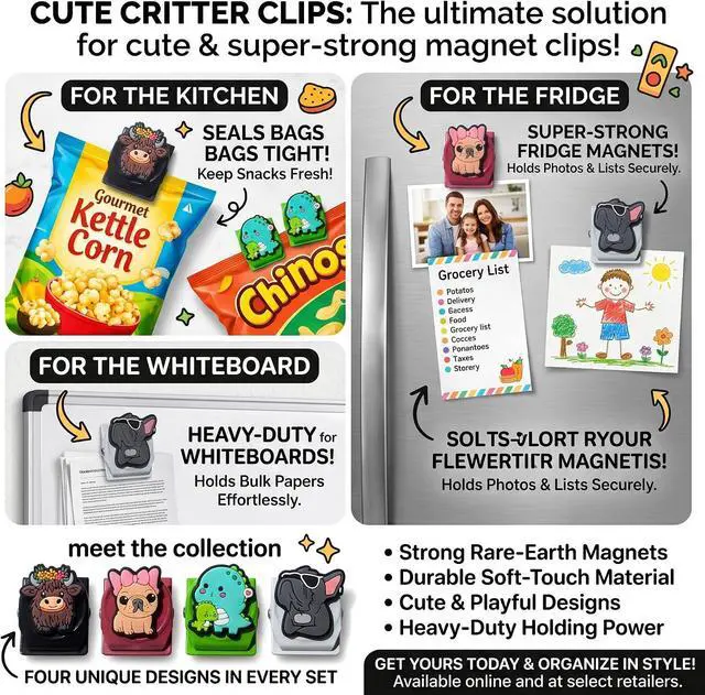 Alt view image 7 of 7 - 4pcs Chip Clips, Adorable Cartoon Style Clips for Chips and Other Food Bags, Fridge Magnets Refrigerator Magnets, Magnet for whiteboardKitchen (French Bulldog)
