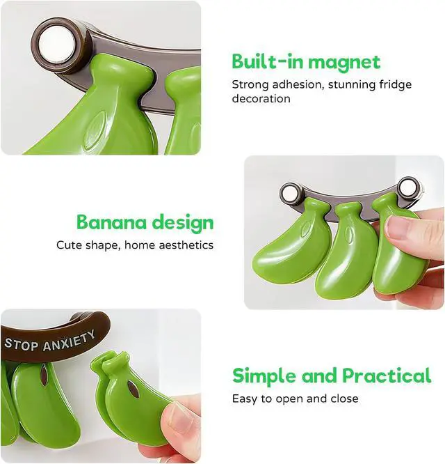 Alt view image 3 of 6 - 2PCS Cute Fridge Magnets Banana Shape Yellow/Green, Multi-Function Refrigerator Magnets Bag Sealing Clips, Decorative Food Storage Clips for Home Kitchen Office, Practical Gift for Housewarming/Xmas