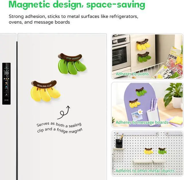 Alt view image 5 of 6 - 2PCS Cute Fridge Magnets Banana Shape Yellow/Green, Multi-Function Refrigerator Magnets Bag Sealing Clips, Decorative Food Storage Clips for Home Kitchen Office, Practical Gift for Housewarming/Xmas