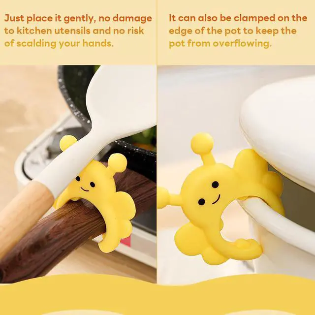 Alt view image 4 of 6 - Silicone Spatula Holder 2-Pack Bee Design Spoon Rest, Heat-Tolerant and Space-Saving Kitchen Utensil Pot Clips for Holding Spatulas and Spoons, Clip-On Pot Handle Design, (Yellow & Cream)