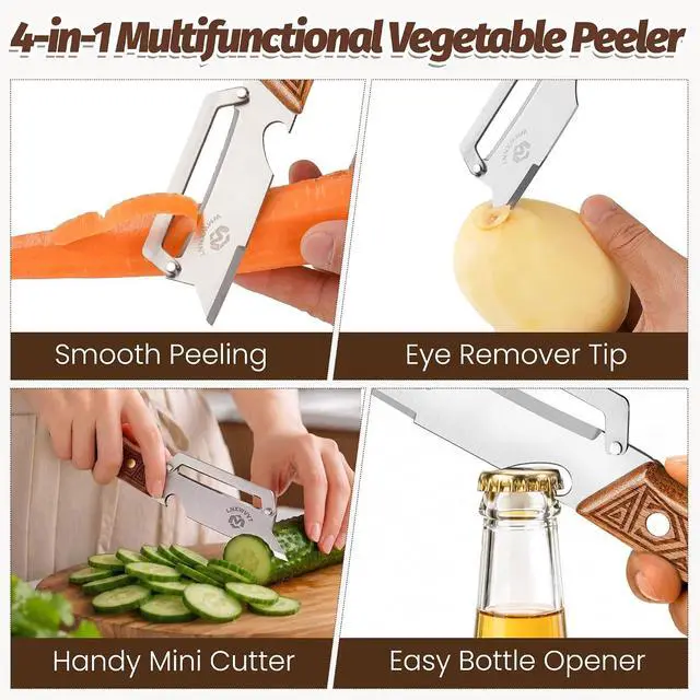 Alt view image 4 of 7 - 4-in-1 Multifunctional Vegetable Peeler, 50% Thicker Ultra-Sharp Stainless Steel Peeler Knife, Wooden Handle & Bottle Opener, for Vegetables Fruits Potatoes Carrots, Peelers for Kitchen (2 Pack)