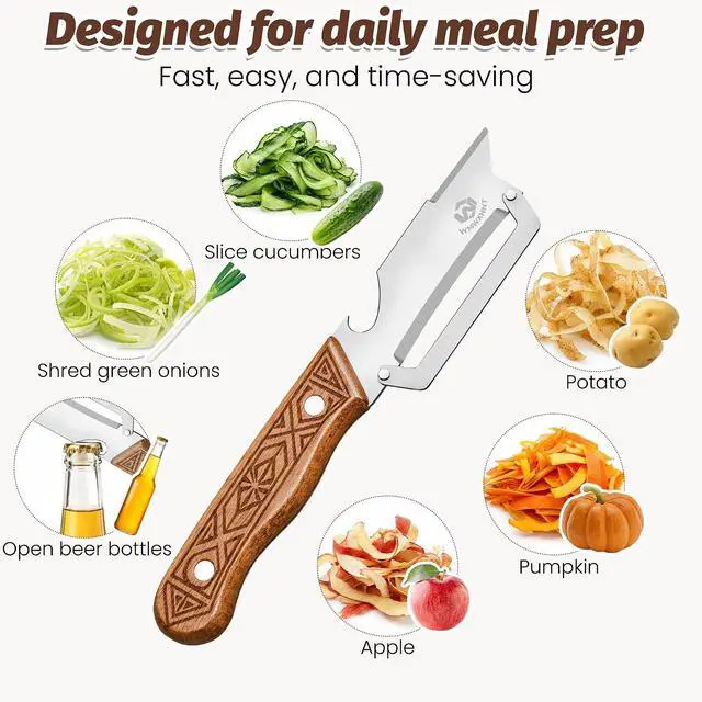 Alt view image 6 of 7 - 4-in-1 Multifunctional Vegetable Peeler, 50% Thicker Ultra-Sharp Stainless Steel Peeler Knife, Wooden Handle & Bottle Opener, for Vegetables Fruits Potatoes Carrots, Peelers for Kitchen (2 Pack)