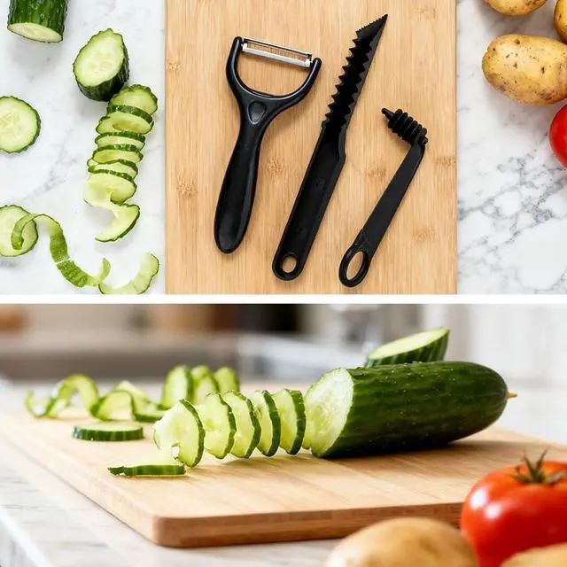 Alt view image 7 of 7 - Kitchen Spiral and V-Shaped Tools, 3 Pack Fruit Shape Cutters | Manual Spiral Slicer Blade Cucumber Cutter, Screw Peelers Kitchens and Dining Tooling