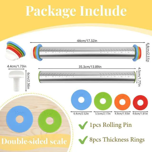 Alt view image 2 of 7 - Adjustable Rolling Pin with 4 Thickness Rings for Baking, Cake Pop Roller | 17 Inch, Stainless Steel, with Measurement Markings, for Pizza/ Fondant/ Pie/ Cookies/ Baking Supplies / Pastry/ Pasta