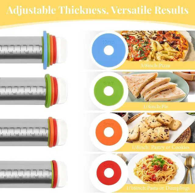 Alt view image 3 of 7 - Adjustable Rolling Pin with 4 Thickness Rings for Baking, Cake Pop Roller | 17 Inch, Stainless Steel, with Measurement Markings, for Pizza/ Fondant/ Pie/ Cookies/ Baking Supplies / Pastry/ Pasta