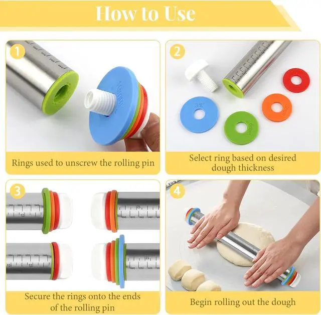 Alt view image 4 of 7 - Adjustable Rolling Pin with 4 Thickness Rings for Baking, Cake Pop Roller | 17 Inch, Stainless Steel, with Measurement Markings, for Pizza/ Fondant/ Pie/ Cookies/ Baking Supplies / Pastry/ Pasta