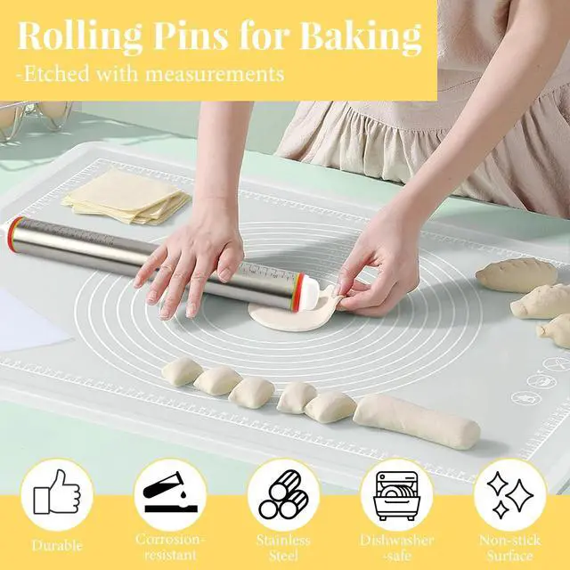 Alt view image 5 of 7 - Adjustable Rolling Pin with 4 Thickness Rings for Baking, Cake Pop Roller | 17 Inch, Stainless Steel, with Measurement Markings, for Pizza/ Fondant/ Pie/ Cookies/ Baking Supplies / Pastry/ Pasta