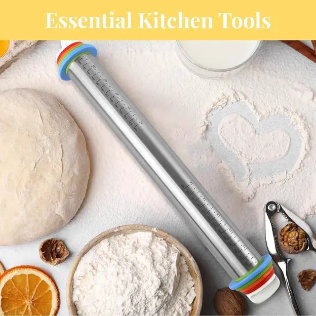 Alt view image 7 of 7 - Adjustable Rolling Pin with 4 Thickness Rings for Baking, Cake Pop Roller | 17 Inch, Stainless Steel, with Measurement Markings, for Pizza/ Fondant/ Pie/ Cookies/ Baking Supplies / Pastry/ Pasta