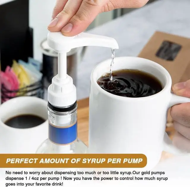 Alt view image 5 of 7 - 6 Pack Leak Proof Coffee Syrup Pump Dispenser for 750ml Bottles | Fits 25.4 Oz Flavoring Syrup Bottles, No Dripping, Great For Home & Coffee Bar Drinking Mixes,Tea,Beverage, Gold&Black&White