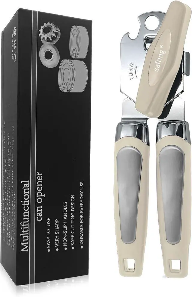 Main image of Safring Can Opener Manual, Handheld Strong Heavy Duty Stainless Steel Can Opener, Comfortable Handle, Sharp Blade Smooth Edge, Can Openers with Multifunctional Bottle Opener, Beige