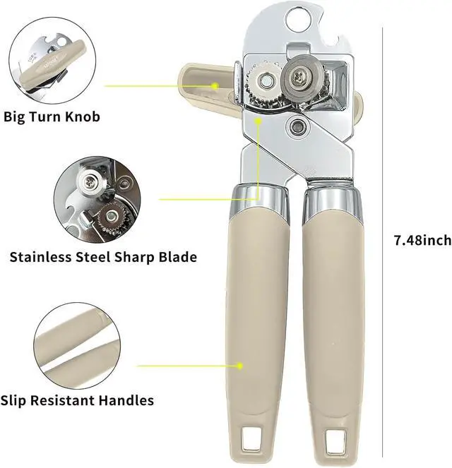 Alt view image 3 of 7 - Safring Can Opener Manual, Handheld Strong Heavy Duty Stainless Steel Can Opener, Comfortable Handle, Sharp Blade Smooth Edge, Can Openers with Multifunctional Bottle Opener, Beige