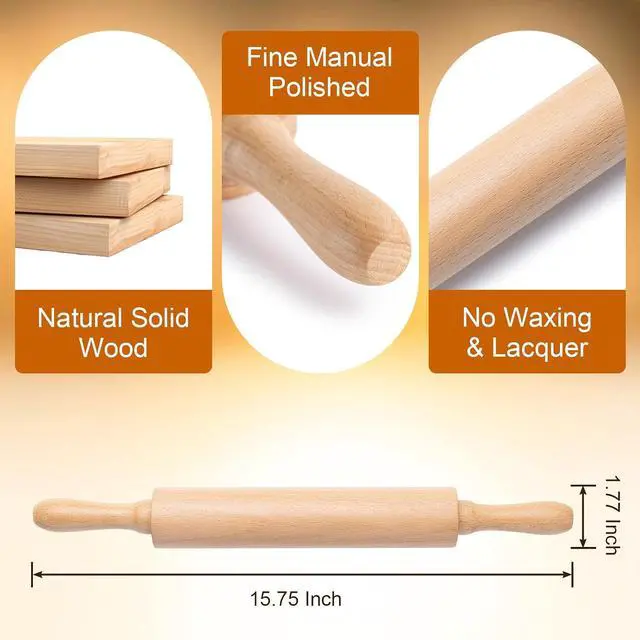 Alt view image 2 of 7 - AISOSO Rolling Pin for Baking, 15.75" Wooden Dough Roller, Light Yellow | Classic Nonstick Roller, Ergonomic Handles, for Pizza,Pie,Pastry, Cookies, Fondant, Practical Daily Kitchen Baking Essentials