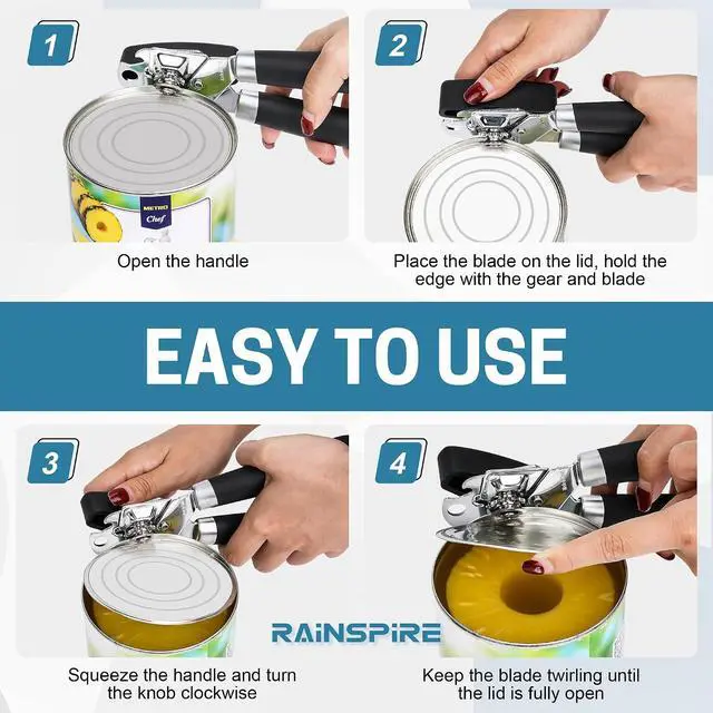 Alt view image 2 of 7 - Rainspire Upgraded Can Opener Manual with Bottle Opener Smooth Edge Cut, Can Opener Heavy Duty, Comfortable Soft Handle, Built-in Bottle Opener, Black