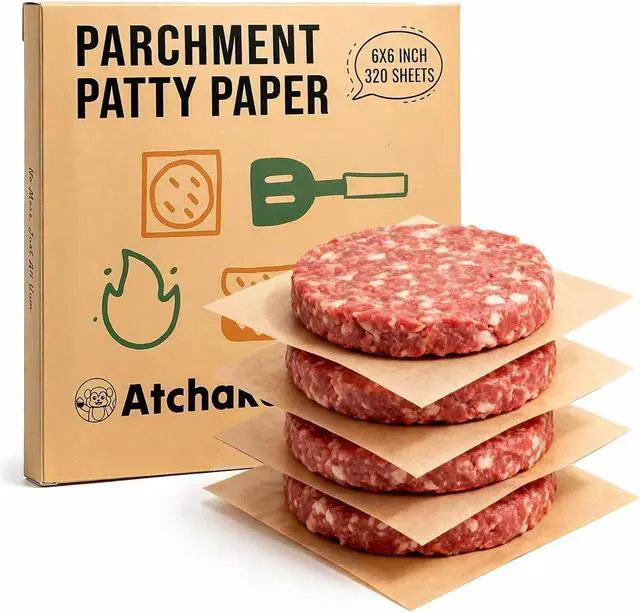 Main image of 6x6 Inches Parchment Paper Squares 320Pcs, Hamburger Patty Paper | Unbleached & Pre-cut, Non-Stick Parchment Sheets for Separating Patty, Wrapping, Naan, Tortillas Press Pan, Patties, Freezer