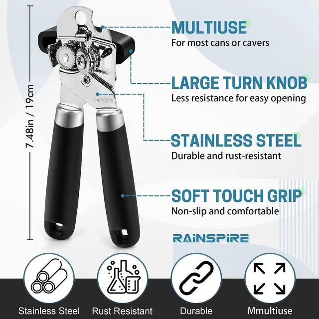 Alt view image 3 of 7 - Rainspire Upgraded Can Opener Manual with Bottle Opener Smooth Edge Cut, Can Opener Heavy Duty, Comfortable Soft Handle, Built-in Bottle Opener, Black