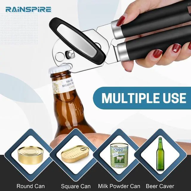 Alt view image 5 of 7 - Rainspire Upgraded Can Opener Manual with Bottle Opener Smooth Edge Cut, Can Opener Heavy Duty, Comfortable Soft Handle, Built-in Bottle Opener, Black