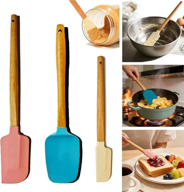 Main image of 3PCS Silicone Spatula Wooden Handle Set, Heat Resistant Silicone Spatula, Spatulas Silicone Heat Resistant Wood, Rubber Spatula for Baking Non-Stick Cooking Mixing, Pink & Blue & Beige