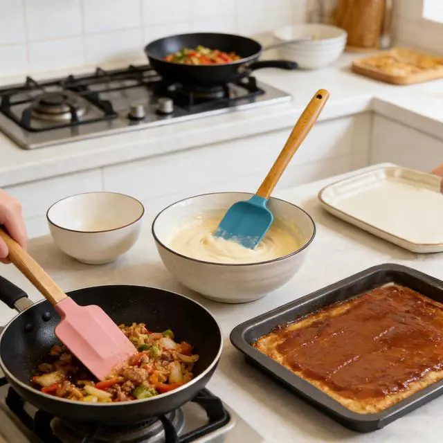 Alt view image 4 of 7 - 3PCS Silicone Spatula Wooden Handle Set, Heat Resistant Silicone Spatula, Spatulas Silicone Heat Resistant Wood, Rubber Spatula for Baking Non-Stick Cooking Mixing, Pink & Blue & Beige