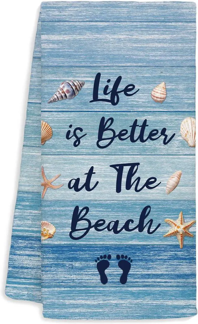 Main image of Jvpke Coastal Beach Kitchen Towels, Life is Better at The Beach Seashell Decorative Dish Tea Towels, Coastal Nautical Hand Towels for Bathroom, Coastal Kitchen Bathroom Decor, 16x24 Inch