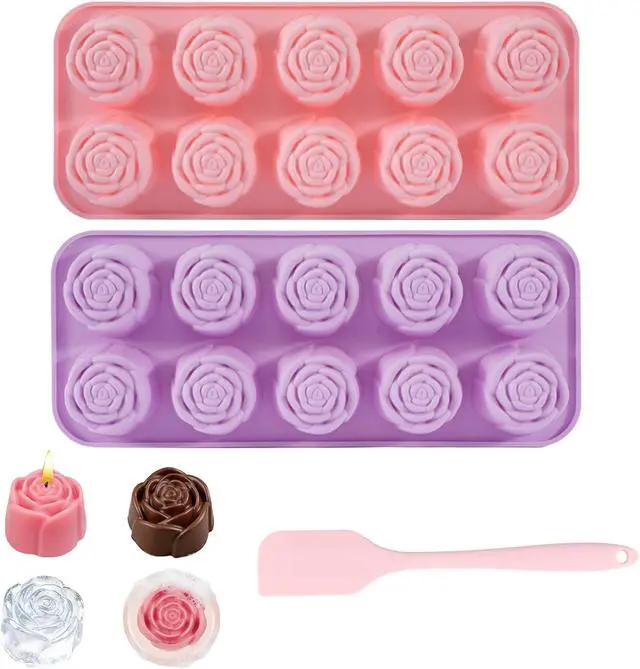 Main image of Rose Silicone Chocolate Molds, 2 Pack 20-Cavity Flower Candy Molds with Spatula, Non-Stick Baking Mold for Chocolate, Gummies, Jelly, Ice Cubes (Rose Flower, Basic Set)