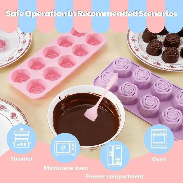 Alt view image 4 of 7 - Rose Silicone Chocolate Molds, 2 Pack 20-Cavity Flower Candy Molds with Spatula, Non-Stick Baking Mold for Chocolate, Gummies, Jelly, Ice Cubes (Rose Flower, Basic Set)