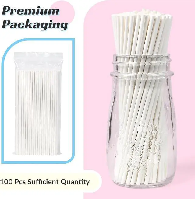 Alt view image 5 of 7 - EcoDispose 100 Pcs 6 Inch White Paper Lollipop Sticks, Dia 3.5 mm | Cake Pop Sticks, Paper Sucker Sticks, for Cupcake Toppers, Homemade Candy, Chocolate, Dessert