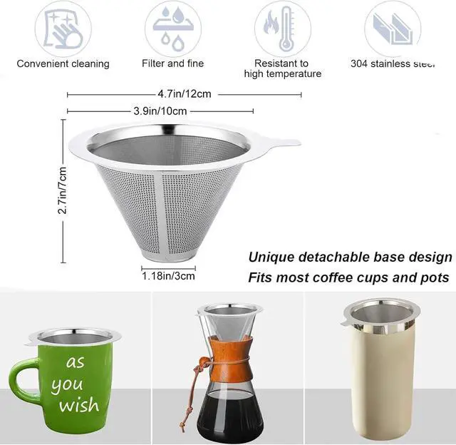 Alt view image 2 of 7 - Pour Over Coffee Maker,Coffee Filter,Slow Drip Paperless Stainless Steel Cone Coffee Dripper(1 Cup) Mini