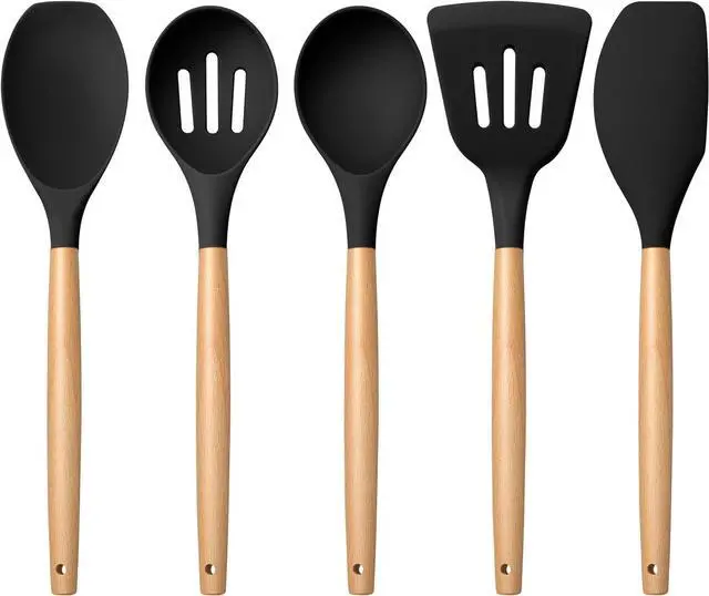 Main image of E-far Silicone Cooking Utensils Set with Heat Resistant Wood Handle, 5PCS | Non-toxic & Healthy Kitchen Utensils Set for Cooking, Kitchen Nonstick Spatula Ladle Tools for Nonstick Cookware, Black