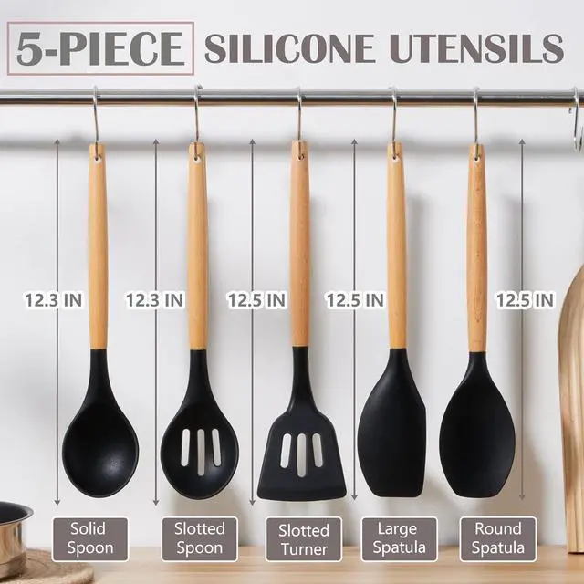 Alt view image 2 of 7 - E-far Silicone Cooking Utensils Set with Heat Resistant Wood Handle, 5PCS | Non-toxic & Healthy Kitchen Utensils Set for Cooking, Kitchen Nonstick Spatula Ladle Tools for Nonstick Cookware, Black
