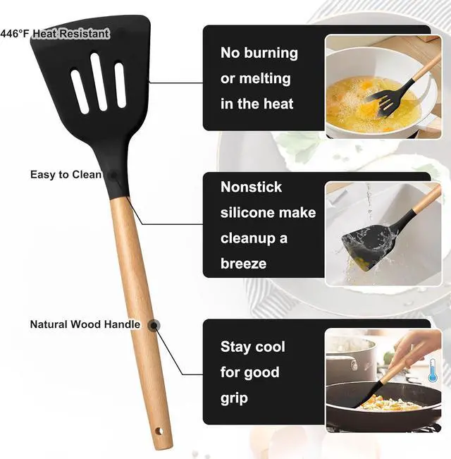 Alt view image 3 of 7 - E-far Silicone Cooking Utensils Set with Heat Resistant Wood Handle, 5PCS | Non-toxic & Healthy Kitchen Utensils Set for Cooking, Kitchen Nonstick Spatula Ladle Tools for Nonstick Cookware, Black