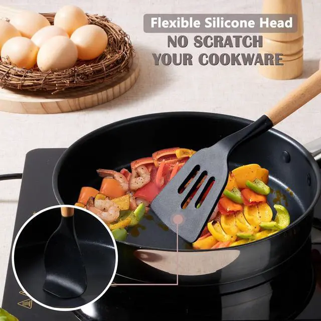 Alt view image 4 of 7 - E-far Silicone Cooking Utensils Set with Heat Resistant Wood Handle, 5PCS | Non-toxic & Healthy Kitchen Utensils Set for Cooking, Kitchen Nonstick Spatula Ladle Tools for Nonstick Cookware, Black