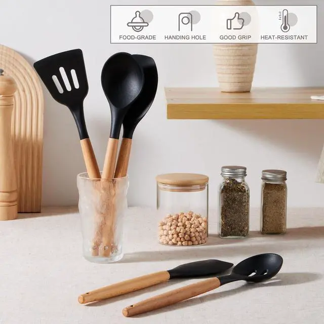 Alt view image 5 of 7 - E-far Silicone Cooking Utensils Set with Heat Resistant Wood Handle, 5PCS | Non-toxic & Healthy Kitchen Utensils Set for Cooking, Kitchen Nonstick Spatula Ladle Tools for Nonstick Cookware, Black