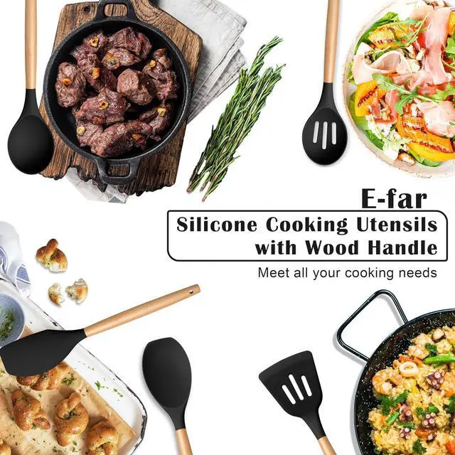 Alt view image 6 of 7 - E-far Silicone Cooking Utensils Set with Heat Resistant Wood Handle, 5PCS | Non-toxic & Healthy Kitchen Utensils Set for Cooking, Kitchen Nonstick Spatula Ladle Tools for Nonstick Cookware, Black