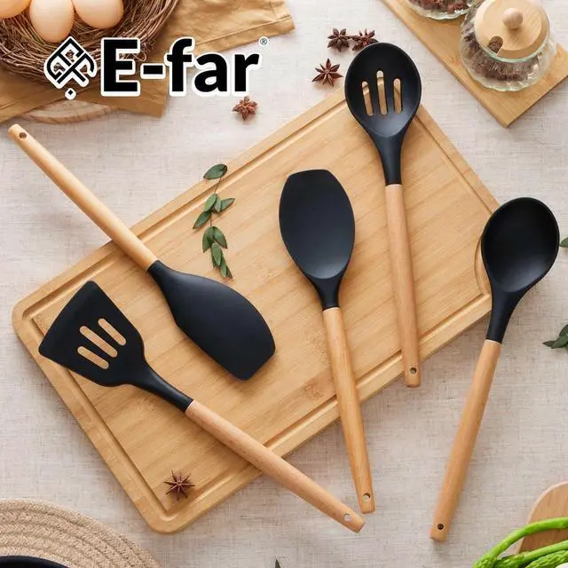 Alt view image 7 of 7 - E-far Silicone Cooking Utensils Set with Heat Resistant Wood Handle, 5PCS | Non-toxic & Healthy Kitchen Utensils Set for Cooking, Kitchen Nonstick Spatula Ladle Tools for Nonstick Cookware, Black