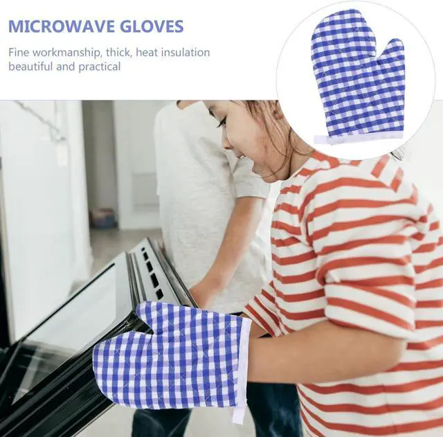 Alt view image 5 of 7 - Oven Mitts for Kids, Kitchen Mitts for Oven, Blue Grid Kitchen Gloves Heat Resistant for Cooking Baking Microwave, 6.6inchx4.7inch
