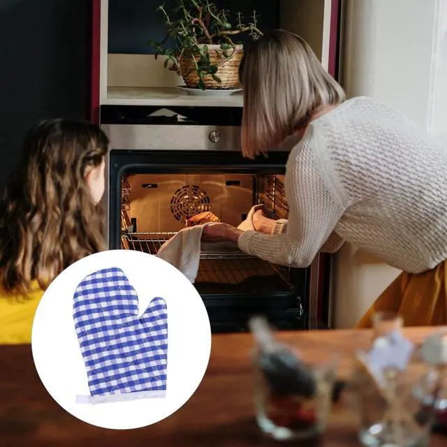 Alt view image 6 of 7 - Oven Mitts for Kids, Kitchen Mitts for Oven, Blue Grid Kitchen Gloves Heat Resistant for Cooking Baking Microwave, 6.6inchx4.7inch