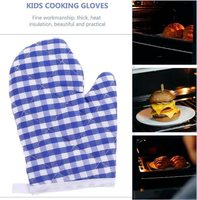 Alt view image 7 of 7 - Oven Mitts for Kids, Kitchen Mitts for Oven, Blue Grid Kitchen Gloves Heat Resistant for Cooking Baking Microwave, 6.6inchx4.7inch