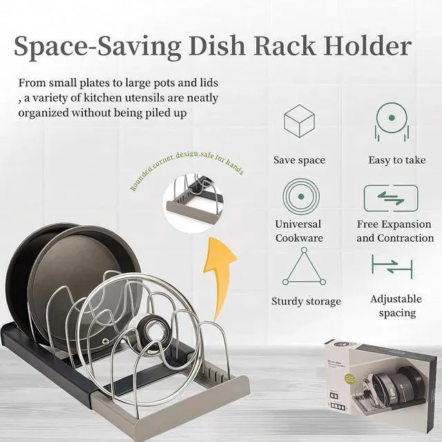 Alt view image 6 of 7 - Lid Organizers Inside Cabinet Adjustable, Kitchen Pot lid Organizer for Bowls, Lids, Cutting Boards, Tableware, Dish Storage Rack for cabinets, Drawers, countertops & Sinks
