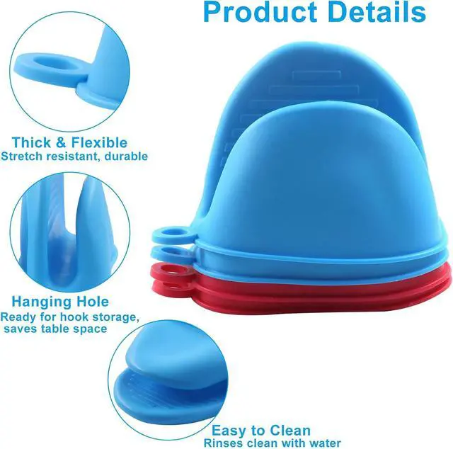 Alt view image 4 of 5 - 4 PCS Heat Resistant Silicone Oven Mitts, Mini Silicone Gloves Cooking Pinch Mitts, Thickened Potholders for Kitchen Cooking & Baking(Blue, Red)