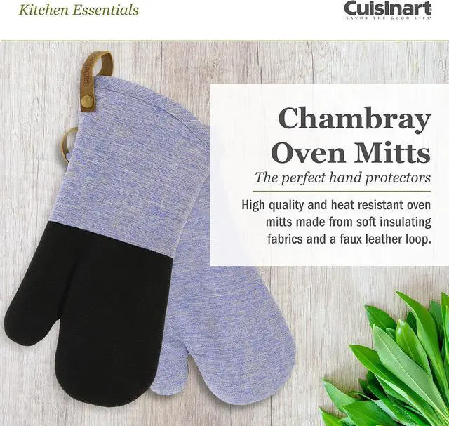 Alt view image 2 of 7 - Cuisinart Chambray Neoprene Oven Mitts, 2pk - Non-Slip Heat Resistant Oven Gloves with Premium Insulation, Protect Hands and Surfaces-Ideal Kitchen Set with Faux Leather Loop-Marine