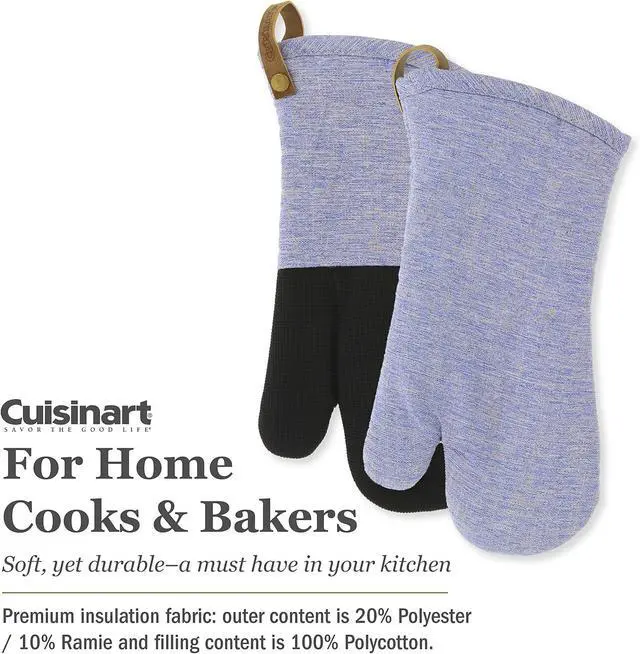 Alt view image 3 of 7 - Cuisinart Chambray Neoprene Oven Mitts, 2pk - Non-Slip Heat Resistant Oven Gloves with Premium Insulation, Protect Hands and Surfaces-Ideal Kitchen Set with Faux Leather Loop-Marine
