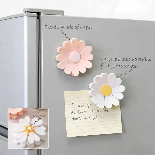 Alt view image 2 of 7 - English Daisy Magnetic Bag Clips (2 Flower 12 Pcs, White and Pink) | Cute Chip Clips & Fridge Magnets, Magnetic Sealing Clips for Bread, Snacks, and Food Bags, White and Pink Floral