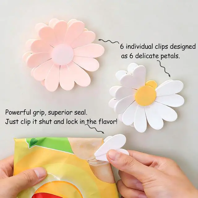 Alt view image 3 of 7 - English Daisy Magnetic Bag Clips (2 Flower 12 Pcs, White and Pink) | Cute Chip Clips & Fridge Magnets, Magnetic Sealing Clips for Bread, Snacks, and Food Bags, White and Pink Floral